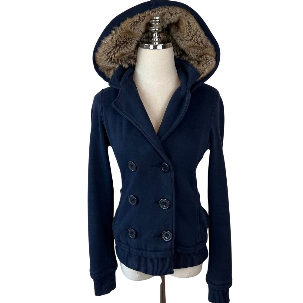 Vintage Y2K American Eagle Button Up Faux Fur Hood Jacket sz Small Navy Twilight